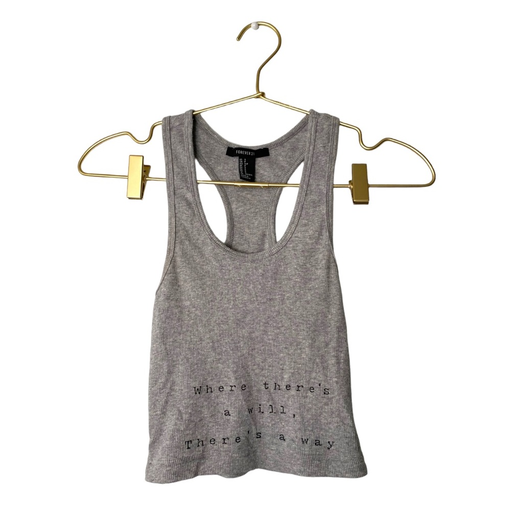 Forever 21 Womens Ribbed Tank Top Racerback Small Gray Graphic Quote 0106